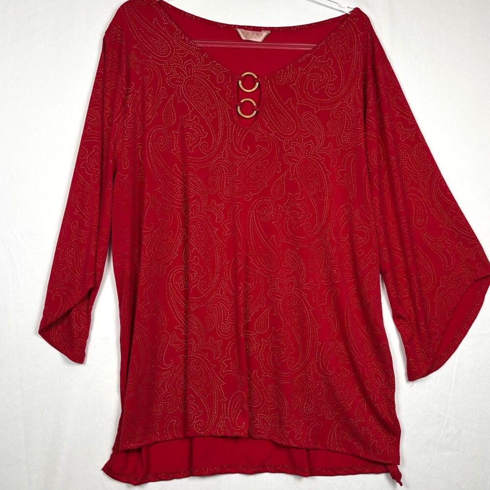 Amana Women's Size 2X Red & Gold Paisley Rhinestone Embellished Tunic Blouse